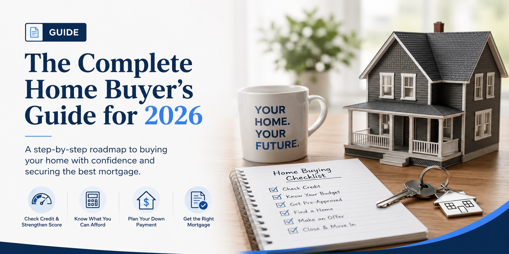 The Complete Home Buyer’s Guide for 2026 with a model house, home buying checklist, and keys.