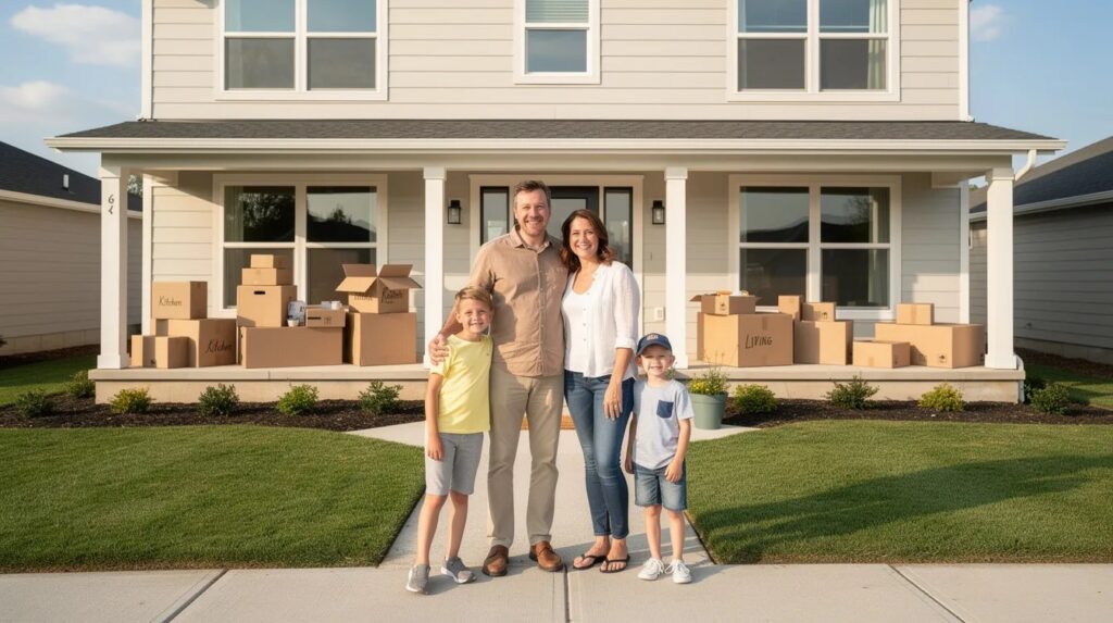 Family standing in front of their new home with moving boxes on the porch after completing the mortgage process.