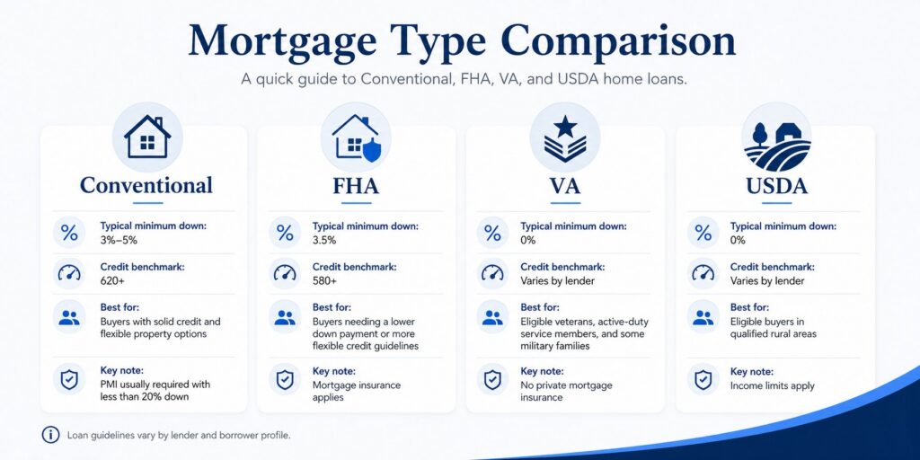 Comparison of Conventional, FHA, VA, and USDA mortgage types, including minimum down payments, credit benchmarks, best uses, and key notes.