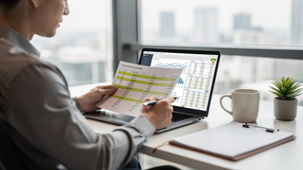 Home buyer reviewing a credit report and financial figures on a laptop before applying for a mortgage.